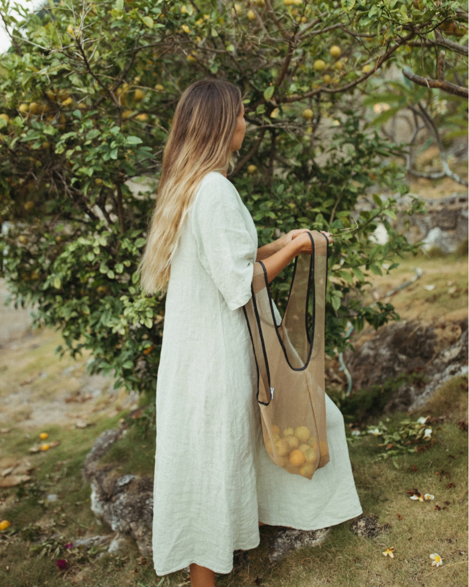 Tan and Black Nylon Mesh Reusable Bag