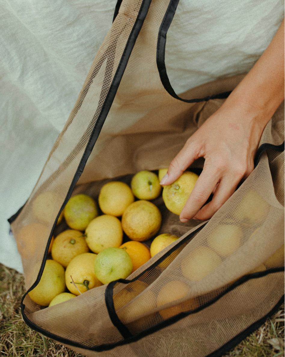Tan and Black Nylon Reusable Mesh Bag