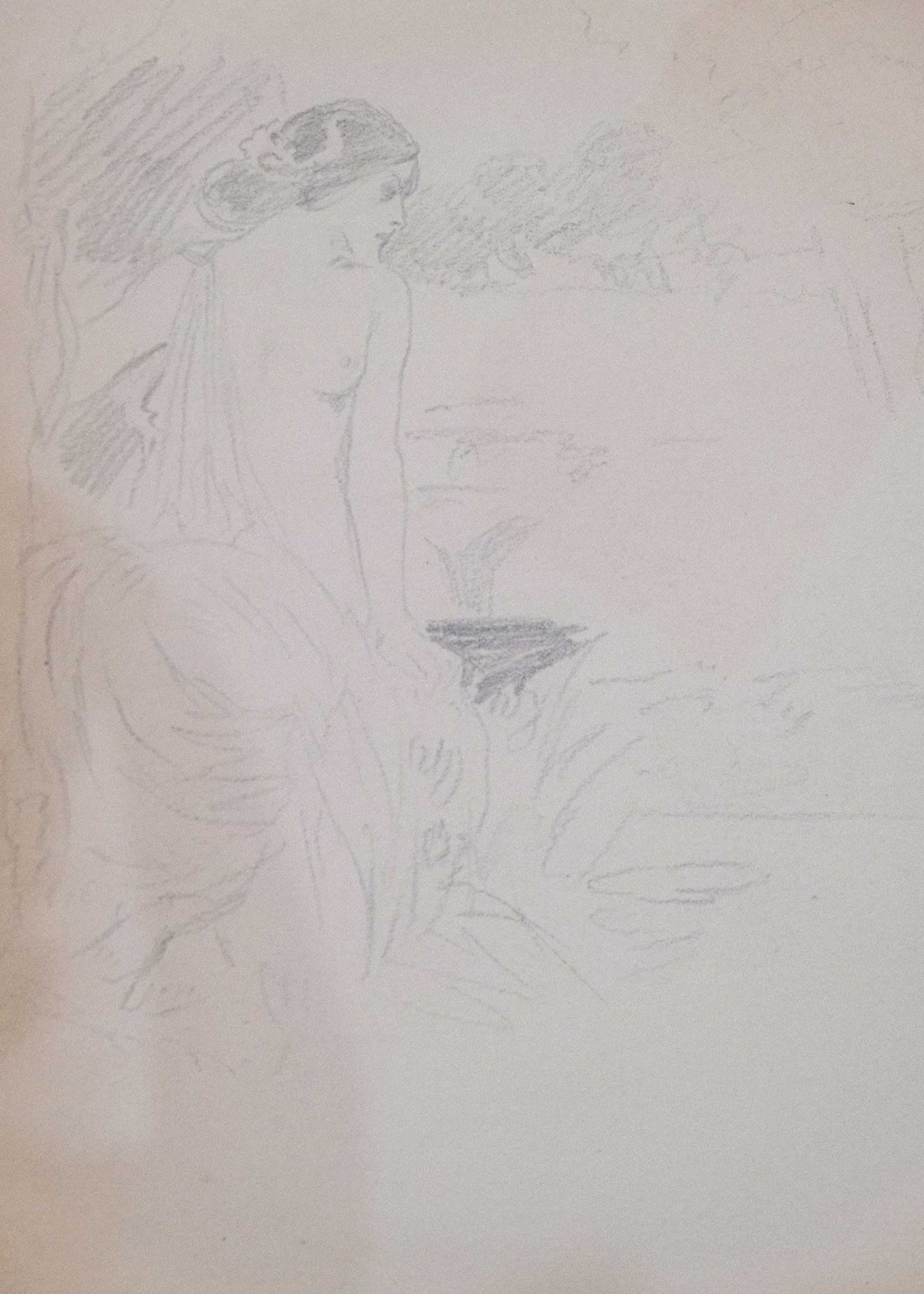Pencil sketch of a person with a hat on a plain background