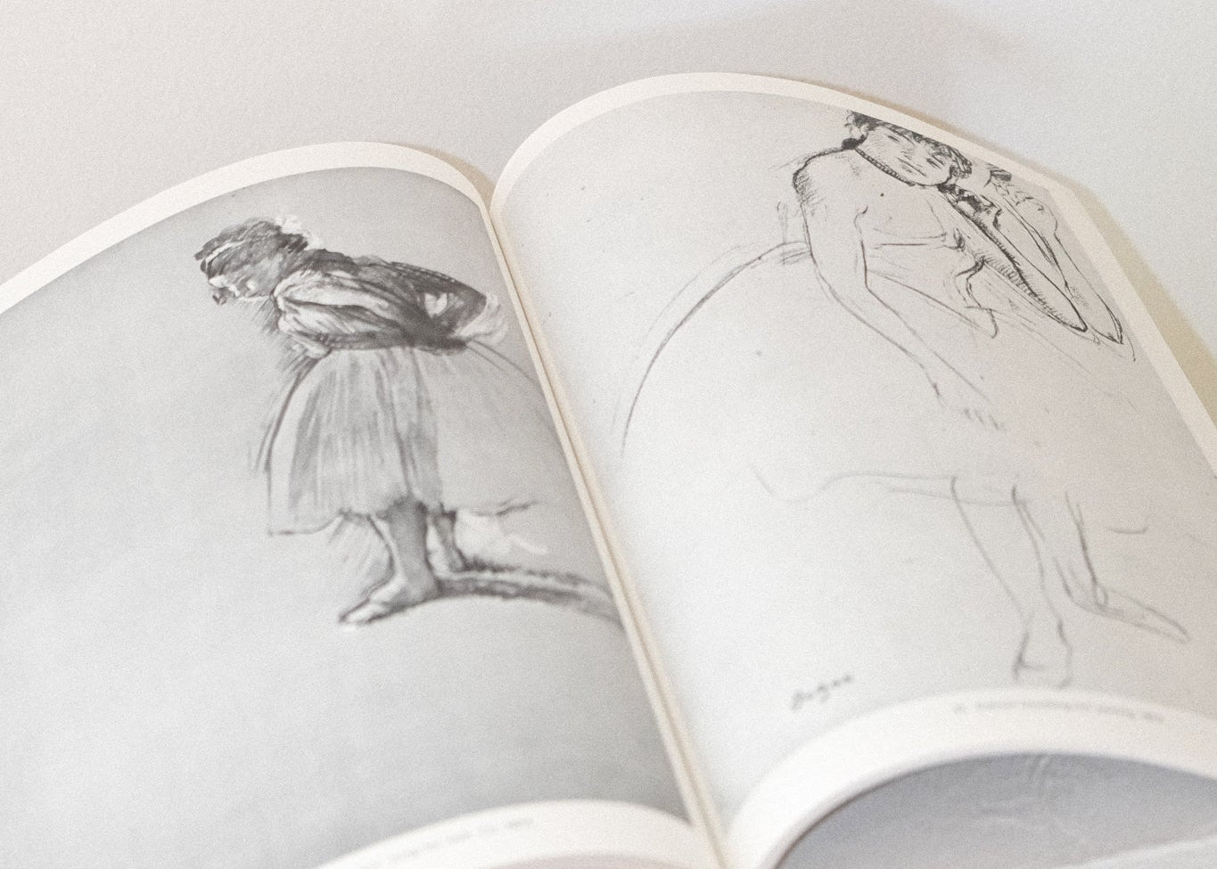 Open book with black and white illustrations on a light gray background