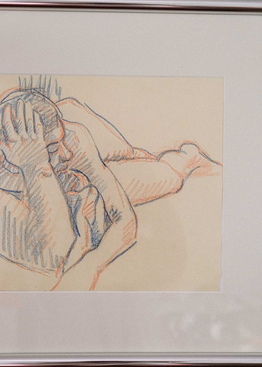 Framed drawing of a nude figure on a beige background