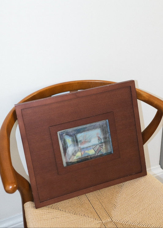 Vintage Abstract Impressionism Drawing in vintage wooden frame.