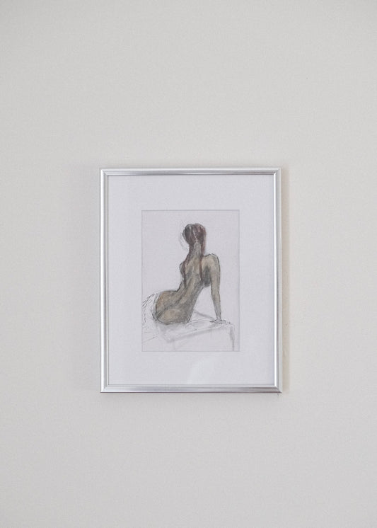 Vintage Mixed Media Nude Woman Sketch