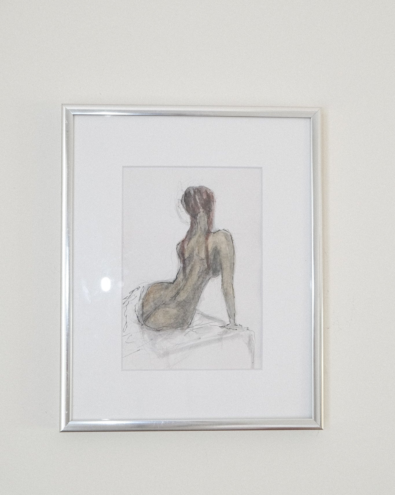 Vintage Mixed Media Nude Woman Sketch